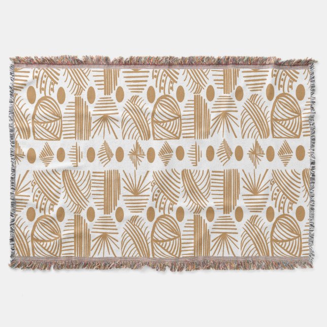 Caribbean Tribal Mudcloth: White, Gold Throw Blanket (Front)