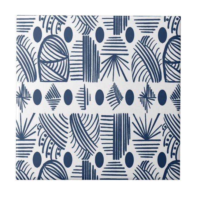 Caribbean Tribal Mudcloth: White, Navy Blue Tile (Front)