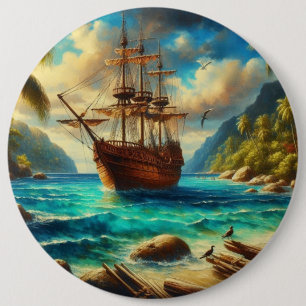 Caribbean/tropical beach ship art 6 inch round button