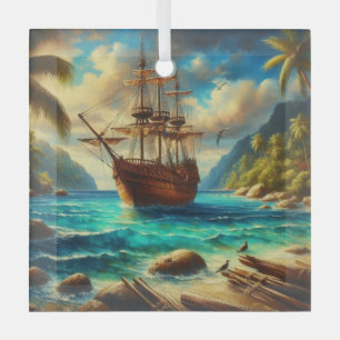 Caribbean/tropical beach ship art glass ornament