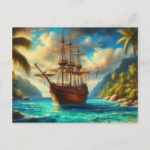 Caribbean/tropical beach ship art holiday postcard