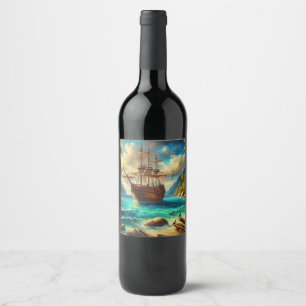 Caribbean/tropical beach ship art wine label