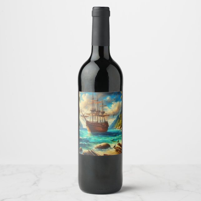 Caribbean/tropical beach ship art wine label (Front)