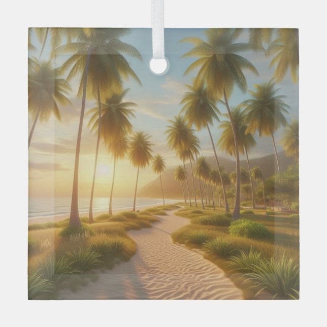 Caribbean/tropical/Hawaiian beach sunset Glass Ornament (Front)