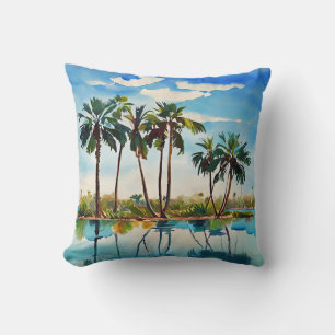 Caribbean Tropical Island Palm Trees Watercolor v1 Throw Pillow