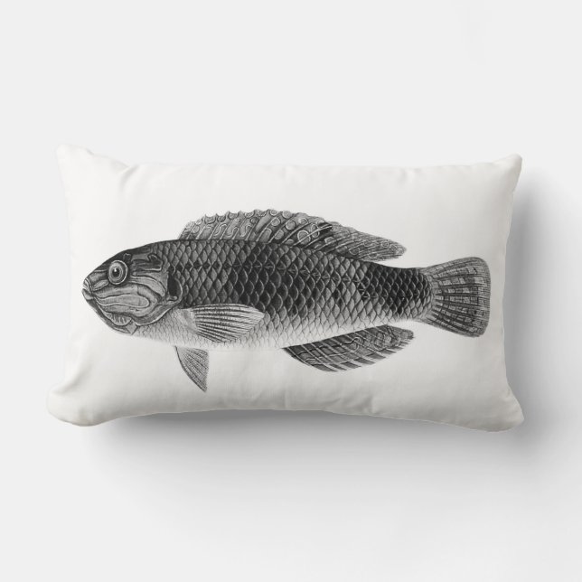 Caribbean Tropical Reef Fish, Black, White & Grey Lumbar Pillow (Front)