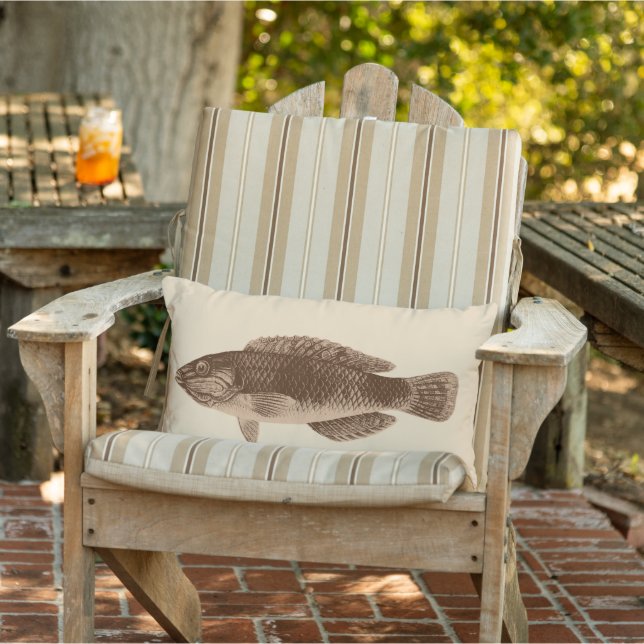 Caribbean Tropical Reef Fish, Dark Brown on Beige Outdoor Pillow (Chair)