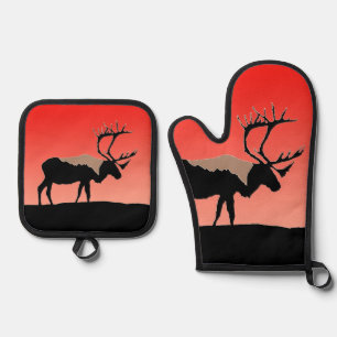 Caribou at Sunset  - Original Wildlife Art Oven Mitt & Pot Holder Set