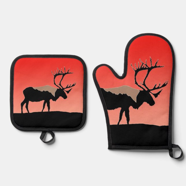 Caribou at Sunset  - Original Wildlife Art Oven Mitt & Pot Holder Set (Front)