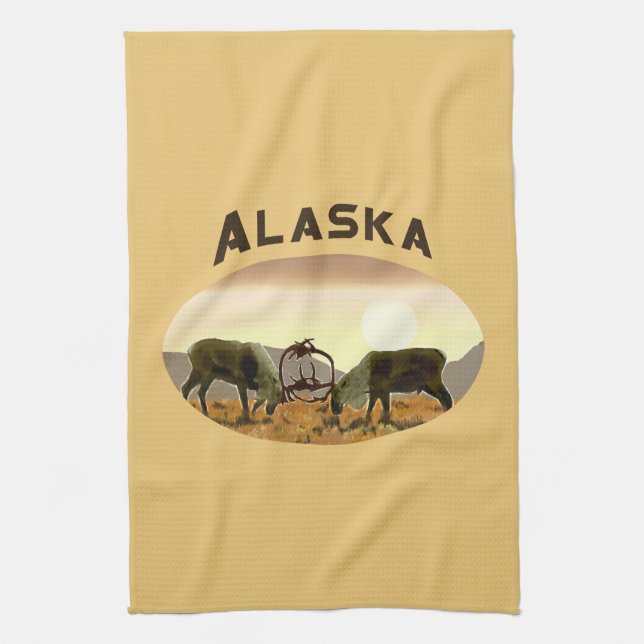 Caribou Duel - Alaska Kitchen Towel (Vertical)