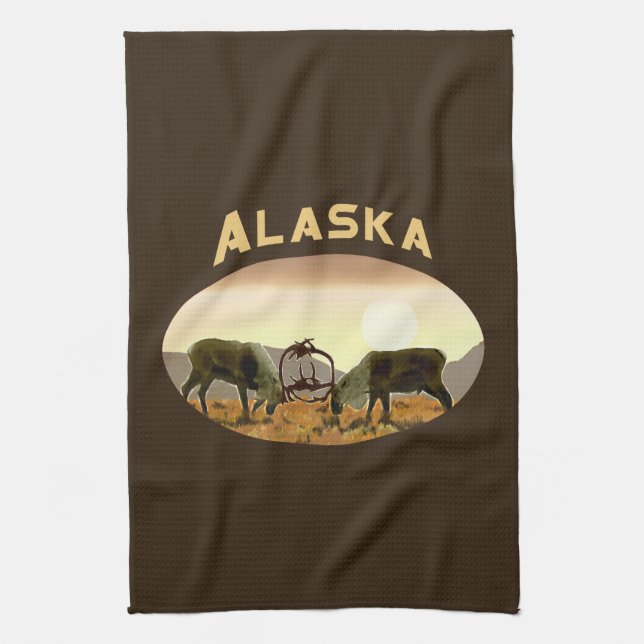 Caribou Duel - Alaska Kitchen Towel (Vertical)