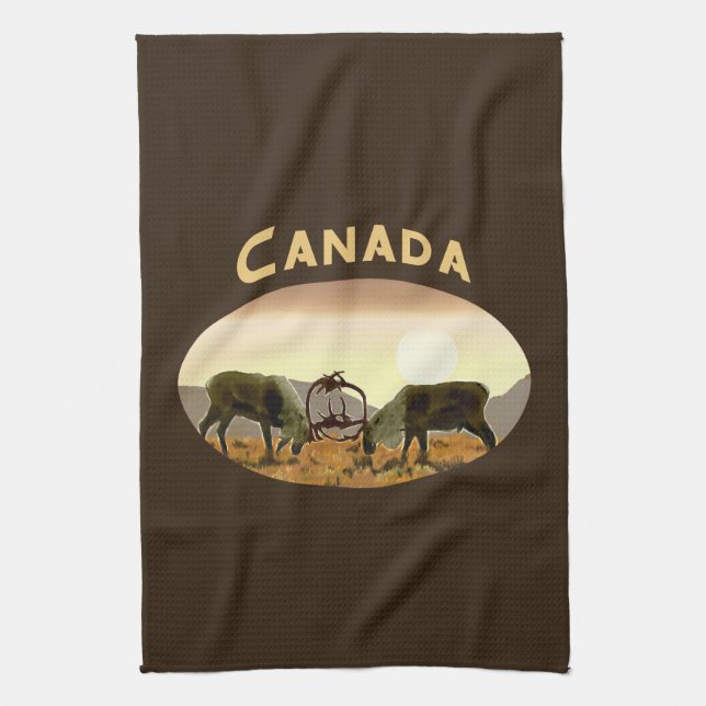 Caribou Duel - Canada Kitchen Towel (Vertical)