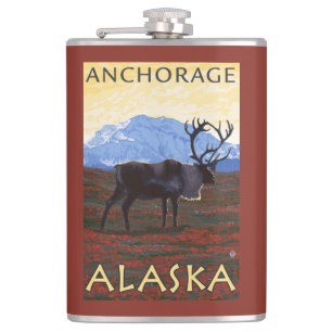 Caribou Scene - Anchorage, Alaska Hip Flask
