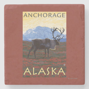 Caribou Scene - Anchorage, Alaska Stone Coaster