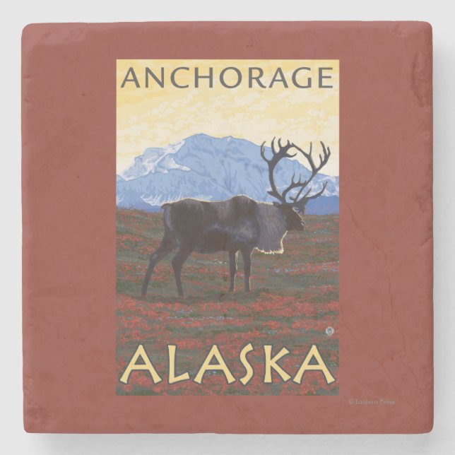 Caribou Scene - Anchorage, Alaska Stone Coaster (Front)