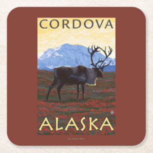 Caribou Scene - Cordova, Alaska Square Paper Coaster