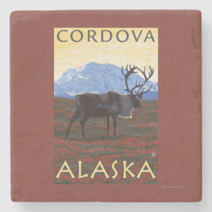 Caribou Scene - Cordova, Alaska Stone Coaster