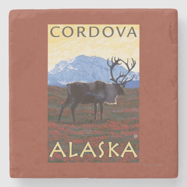 Caribou Scene - Cordova, Alaska Stone Coaster (Front)