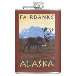 Caribou Scene - Fairbanks, Alaska Hip Flask