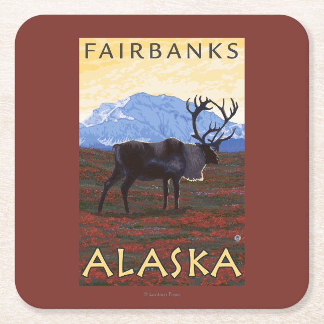 Caribou Scene - Fairbanks, Alaska Square Paper Coaster (Front)