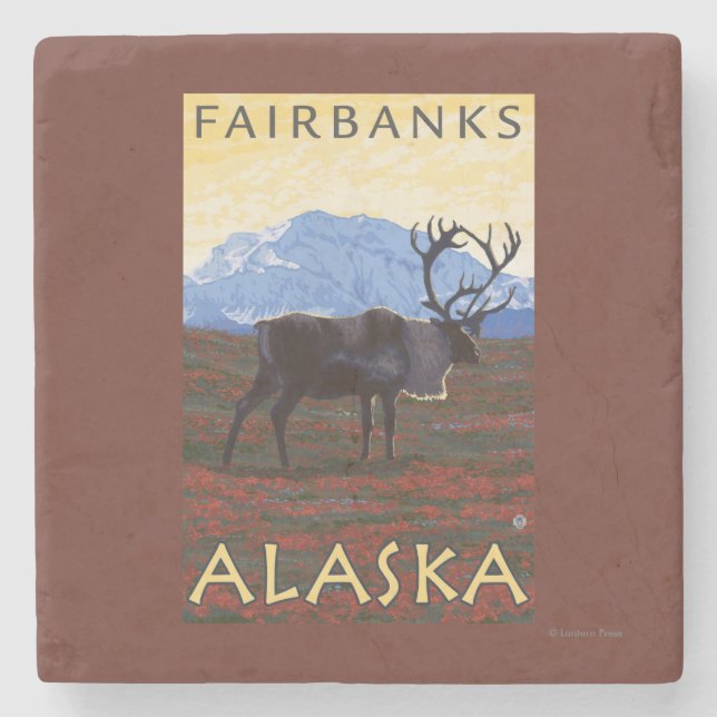 Caribou Scene - Fairbanks, Alaska Stone Coaster (Front)