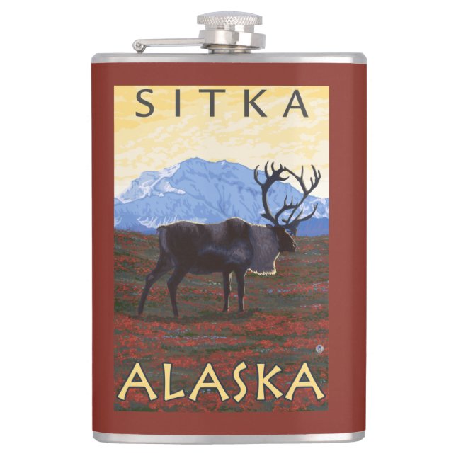 Caribou Scene - Sitka, Alaska Hip Flask (Front)