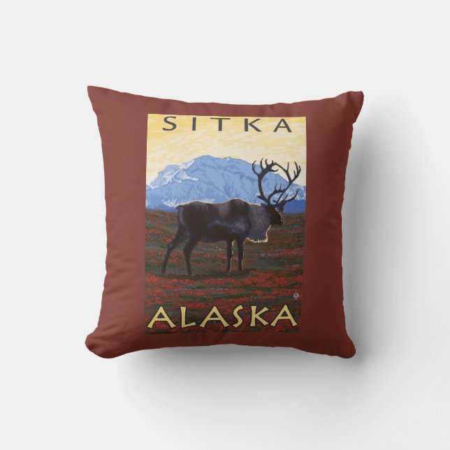 Caribou Scene - Sitka, Alaska Throw Pillow (Front)