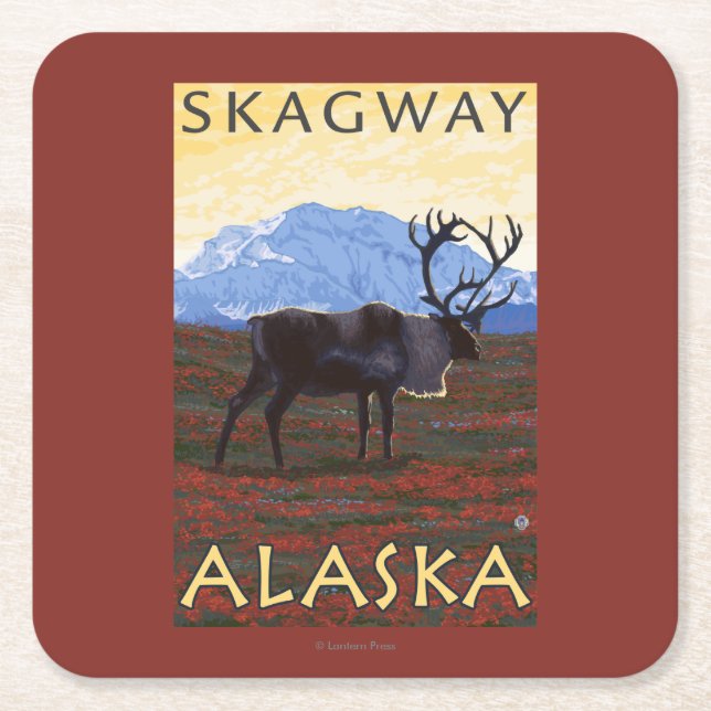 Caribou Scene - Skagway, Alaska Square Paper Coaster (Front)