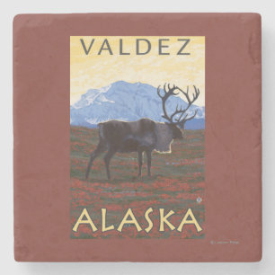 Caribou Scene - Valdez, Alaska Stone Coaster