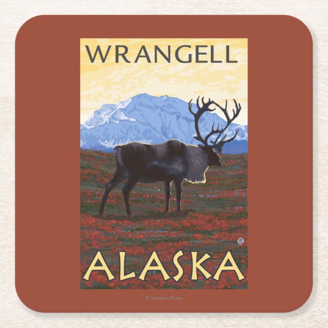 Caribou Scene - Wrangell, Alaska Square Paper Coaster (Front)