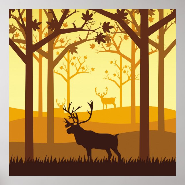 Caribou silhouette in the forest on the autumn sea poster (Front)