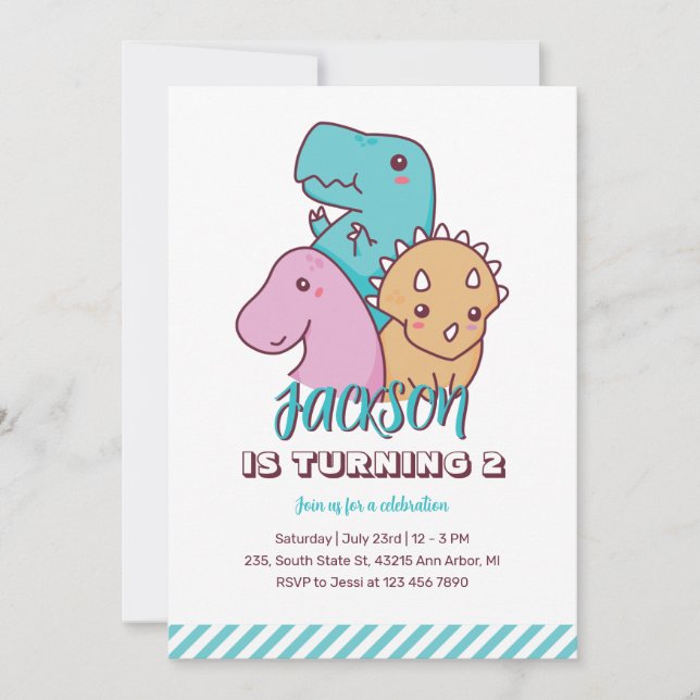 Caricature de Cute Dino Dinosaur Invitation d'anni (Devant)