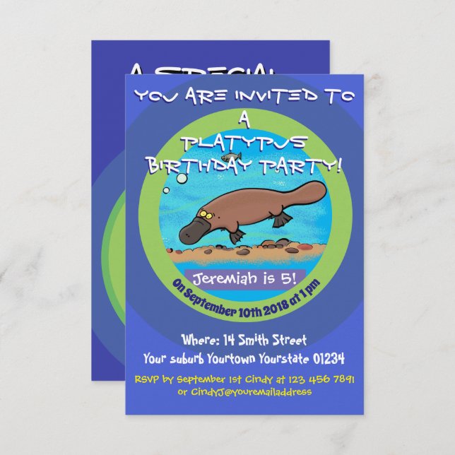 Caricature de Cute platypus 5 ans invitation anniv (Devant / Derrière)
