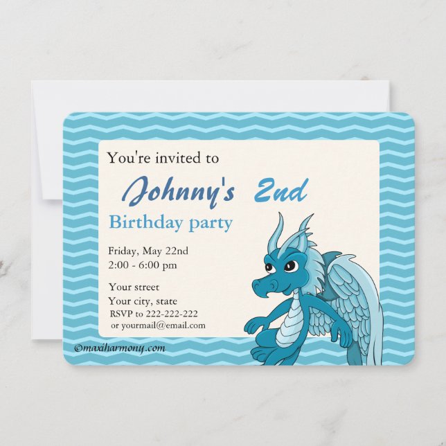 Caricature de dragon bleu invitations à imprimer (Devant)