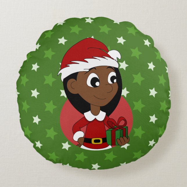 Caricature de la fille de Noël coussin rond (Devant)