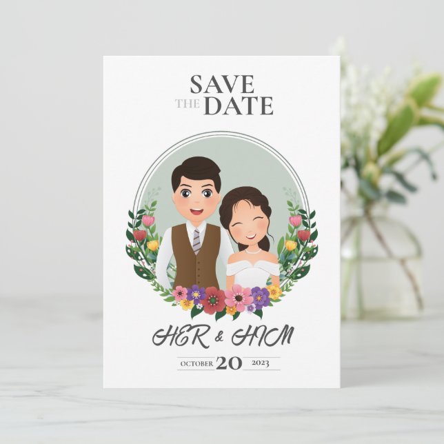 Caricature de mariée et mariée par carte faire-par (Debout devant)