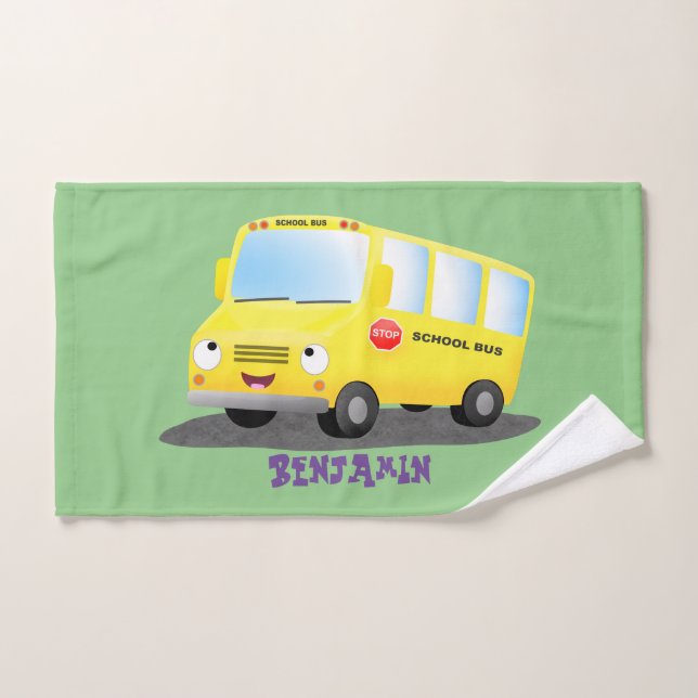 Caricature du bus scolaire jaune joyeux (Serviette à main)