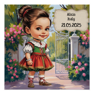 Caricature Girl dressed up in Vintage Italian Poster