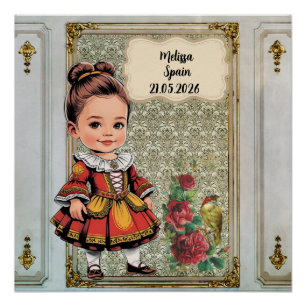Caricature Girl dressed up  in Vintage Spanish Poster