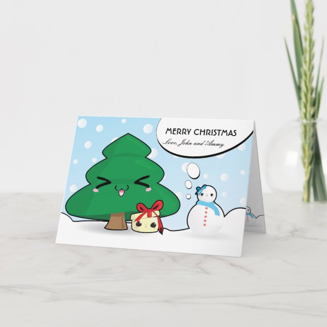 Caricature mignonne personnages Carte de Noël (Devant)