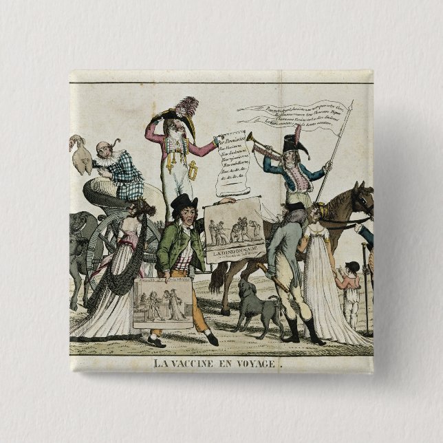 Caricature of quack doctors offering vaccines 2 inch square button (Front)