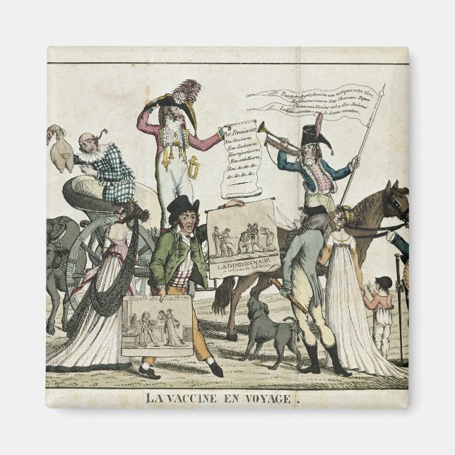 Caricature of quack doctors offering vaccines magnet (Front)