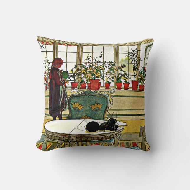 Carl Larsson - Flowers on a Windowsill, fine art Throw Pillow (Front)