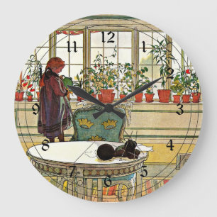 Carl Larsson - Flowers on the Windowsill Large Clock