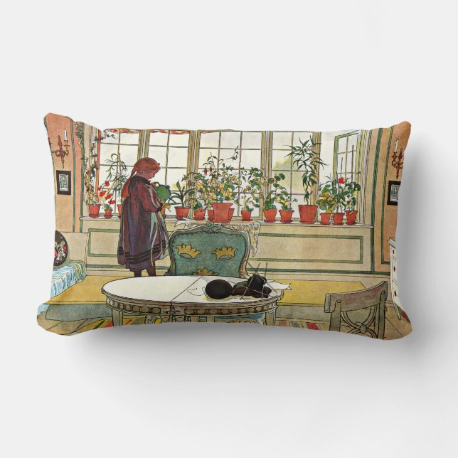 Carl Larsson - Flowers on the Windowsill Lumbar Pillow (Front)