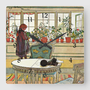 Carl Larsson - Flowers on the Windowsill Square Wall Clock