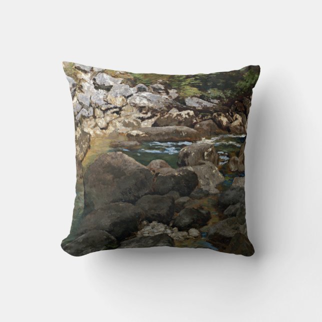 Carl Schuch Mountain Stream with Boulders Throw Pillow (Front)