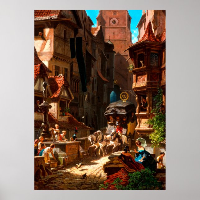 Carl Spitzweg, Ankunft der Postkutsche 1859 Poster (Front)