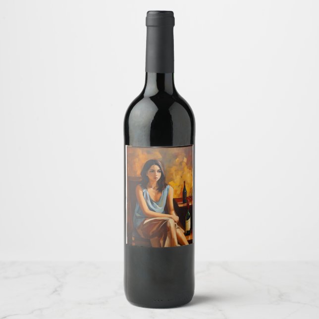 Carla Llanos, oil painting of one women sitting, w Wine Label (Front)