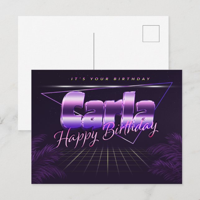 Carla prénom carte postale violette anniversaire (Devant / Derrière)